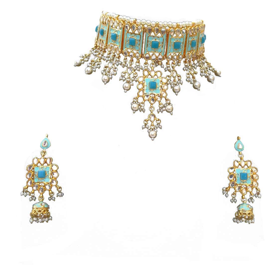 Retailbees Meena Kundan Indian Bridal Wedding Designer Gold Plated Pearls Choker Necklace Jewelry Set