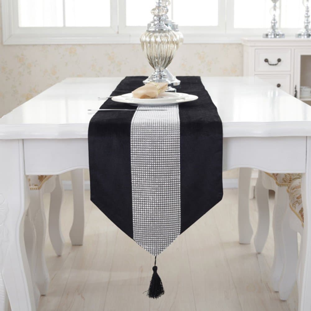 SADA72 Table Runner, Modern Rhinestones Tassels Flannel Marriage Runners Elegant Dining Table Cover Cloth Placemats For Home, Wedding Party, Chirstmas Decoration (32 * 180cm,Black)
