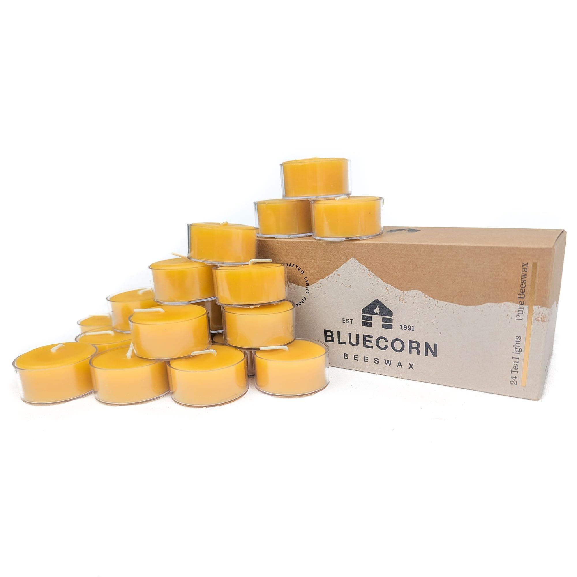 Bluecorn Beeswax Tea Light Candles, 100% Pure Natural Bees Wax, Yellow Tea Lights, Fragrance Free, Paraffin & Soy Free Candle Wax, Clean Burning, Long Lasting (4-5 Hrs), American Made, 24 Pack