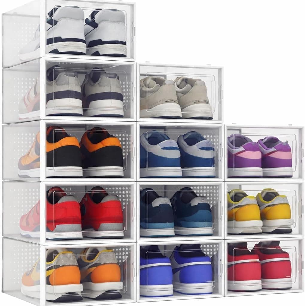 Seseno 12 Pack Shoe Organizer Storage Bins Clear Plastic Stackable Shoe Boxes for Closet, Space Saving Foldable Shoe Storage Case, Sneaker Storage Shoe Box Container