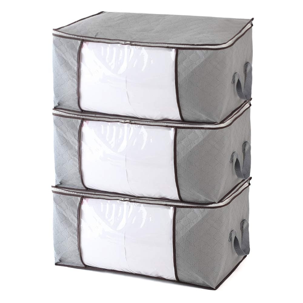 CHARMDI 3 Pack Storage Bags, Large Clothes Storage Bags with Zips, Foldable Storage Organiser with Sturdy Zipper, Clear Window & Reinforced Handle, Great for Clothes, Bedding, Duvet, Blankets (Grey)