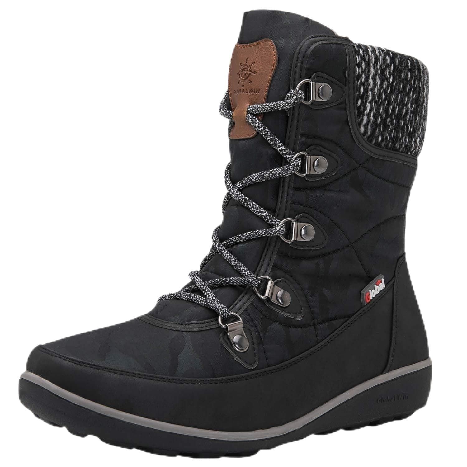 Women's Snow Boots Waterproof Mid-Calf Winter Boots for Women with Quilted Knit Panels, Warm Fleece Lining, and Non-Slip Insulated Outdoor Sole