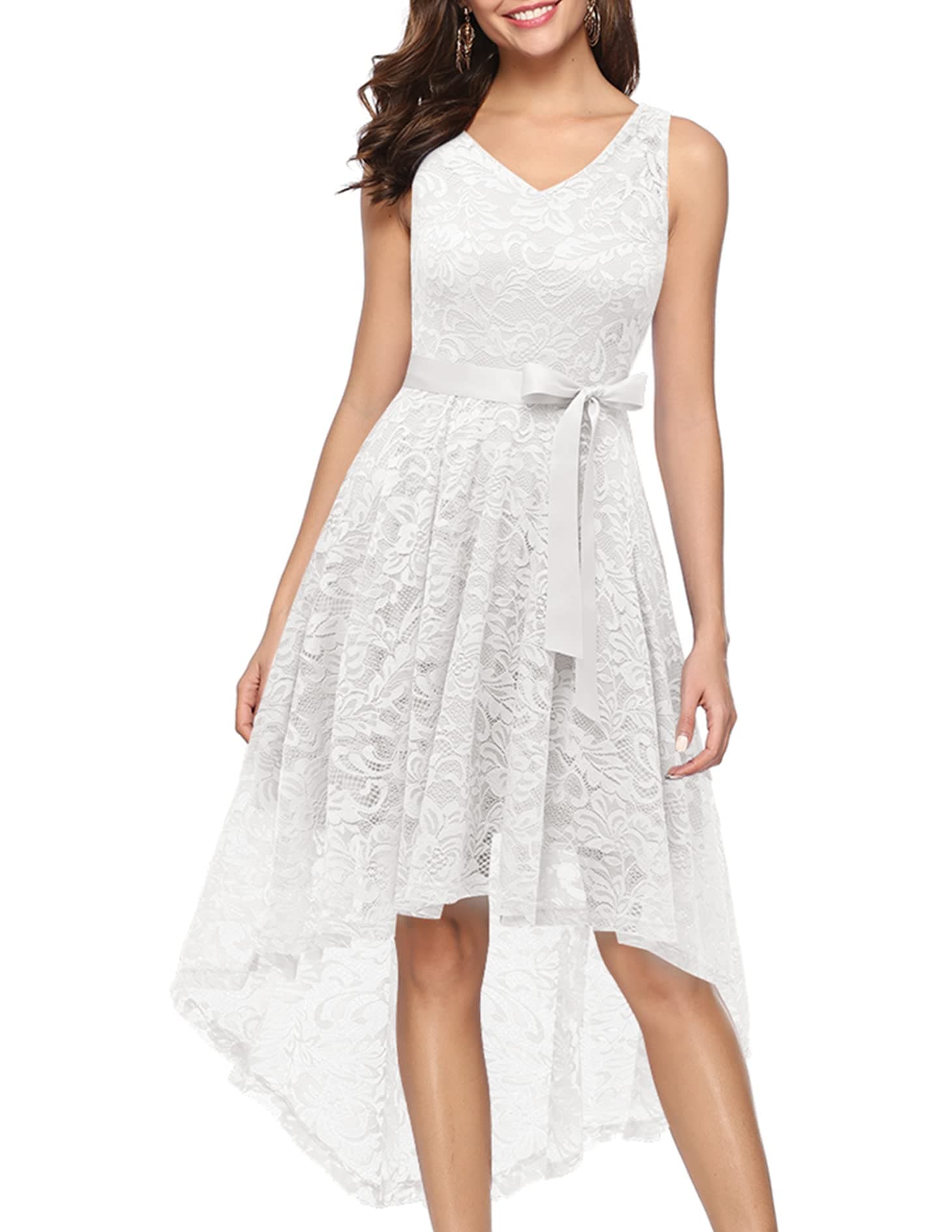 BeryLove Women's Floral Lace Hi-Lo Bridesmaid Dress V Neck Cocktail Formal Swing Dress