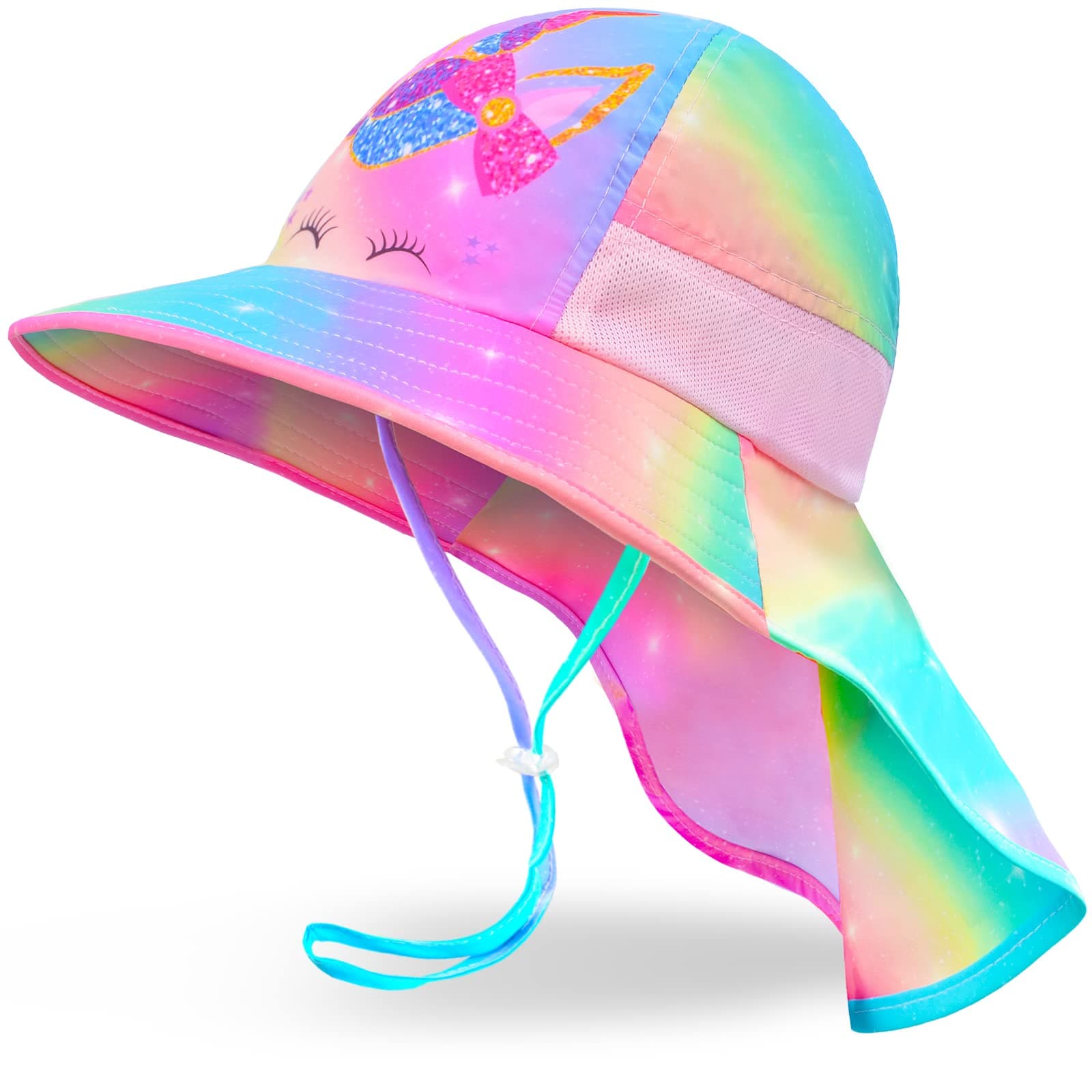 Girls Sun Hat for Kids UV Protection Unicorn Summer Hat Beach Play Hats Wide Brim Neck Flap for Girls Ponytail Hat 2-9 Years