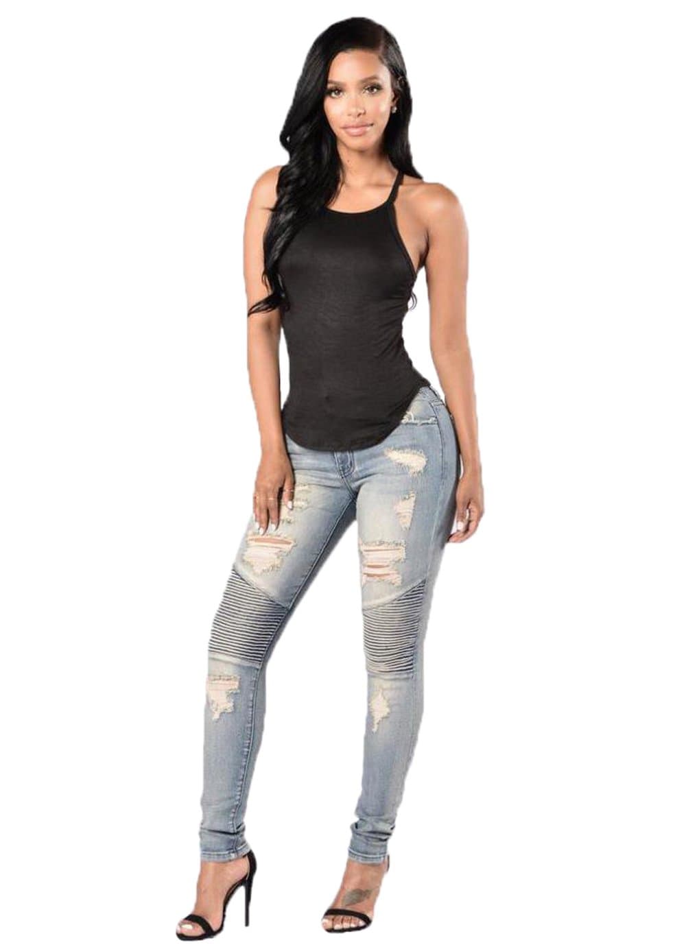 Ripped Jeans for Women - Sexy Straight Biker Skinny Slimming Jeans High Waisted Slim Fit Denim Pants