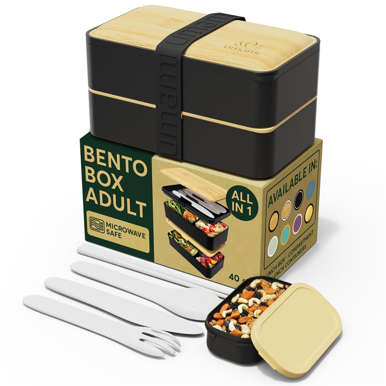 Umami Bento Box Adult All-In-1 w/ 4 Utensils 100% Leakproof, Microwave & Dishwasher Safe Lunch Containers for Adults w/ 4 Compartments, Bento Lunch Box Containers w/Premium Real Bamboo Lid