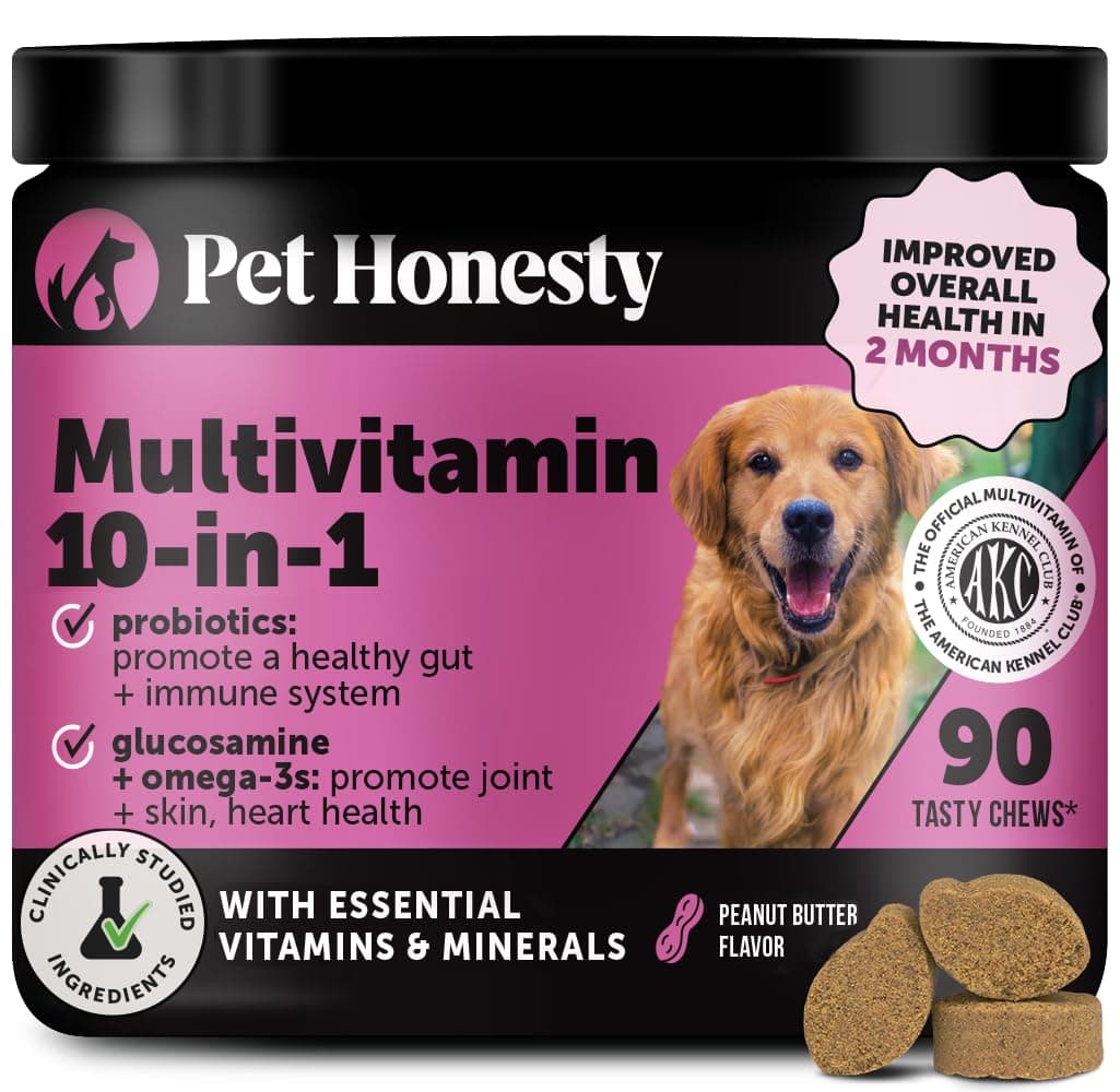 Pet Honesty Multivitamin Dog Supplement, Glucosamine chondroitin for Dogs, Probiotics, Omega Fish Oil, Dog Supplements & Vitamins, Dog Vitamins for Skin and Coat Allergies, (Peanut Butter 90 ct)