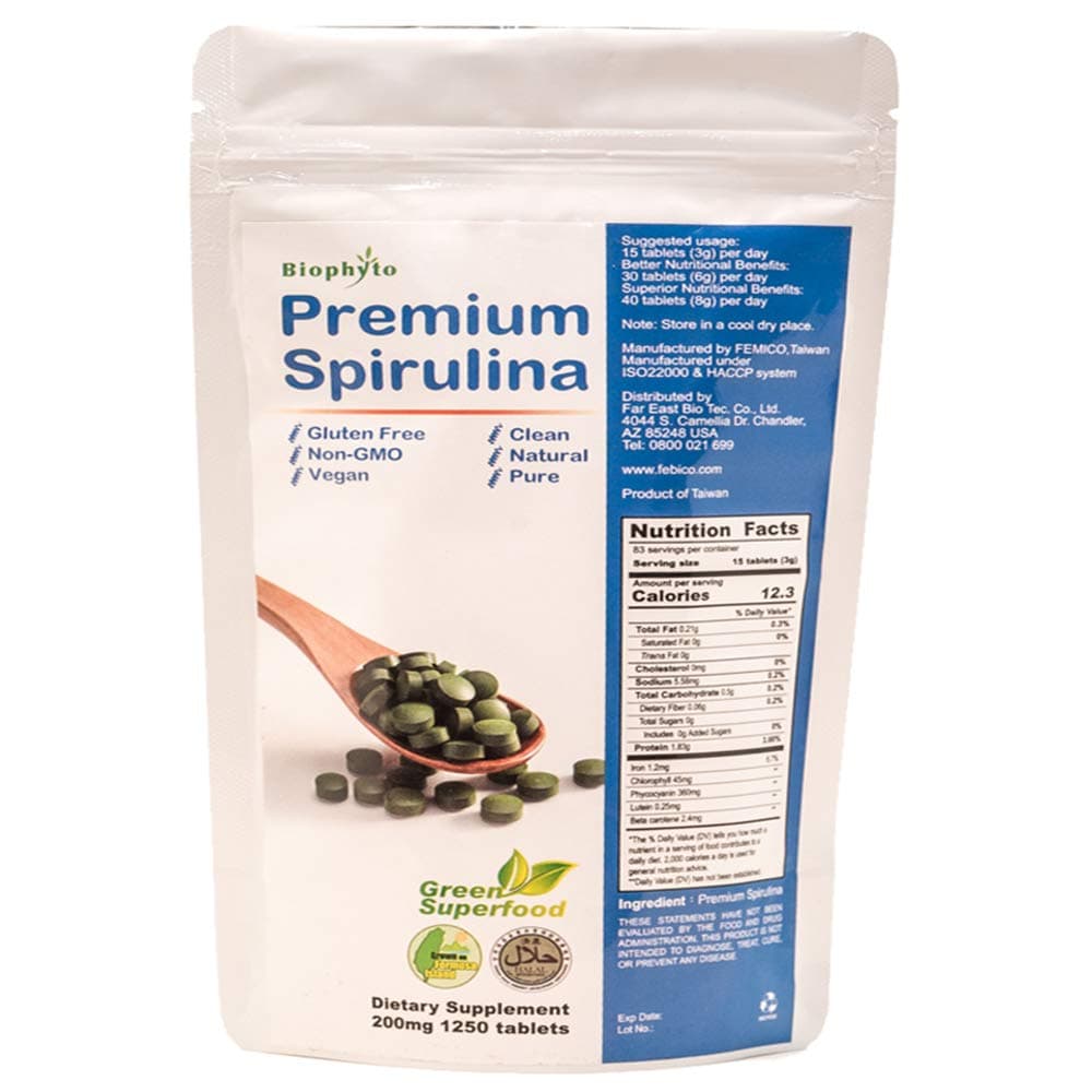 Biophyto Spirulina 200mg - 1250 Tablets -100% Pure-Vegan Green Superfoods, Natural Multivitamins & Minerals- Rich in Phycocyanin-Protein-Antioxidants -Phycocyanin-Non GMO - Energy and Immunity Support