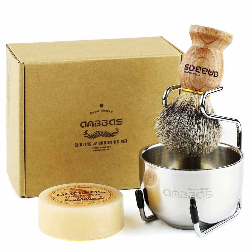 Badger Hair Shaving Brush with Wood Handle,Goat Milk Shaving Soap 100g,Stainless Steel Shaving Stand and 2 Layers Shaving Bowl Perfect for Men Gift