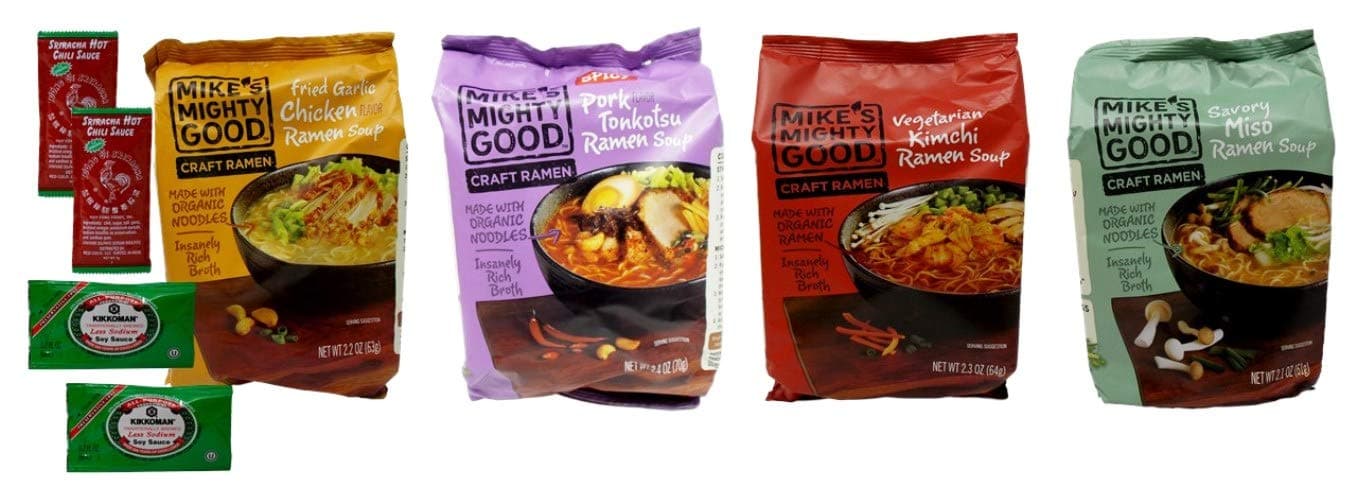 Mike's Mighty Good Craft Ramen 4 Flavor Variety Sampler Plus Sriracha Soy Sauce Packets Bundle, 1 each: Vegetarian Kimchi, Fried Garlic Chicken, Savory Miso, Pork Tonkotsu (2.1-2.4 Ounces)