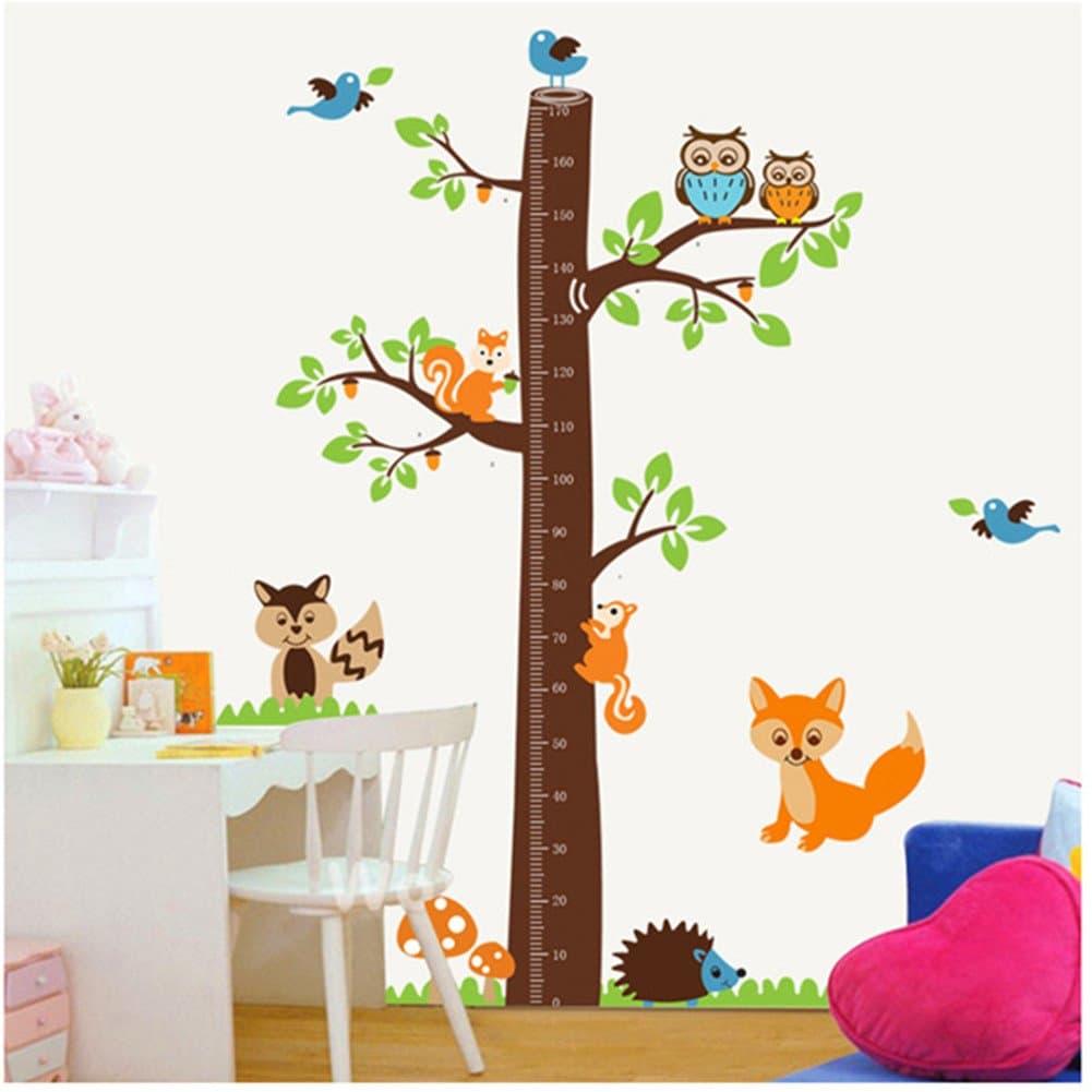 SugarM Large jungle owl tree wall sticker baby boys girls bedroom growth chart decal woodland fox squirrel hedgehog wall decor for baby nursery removable (180cm height)