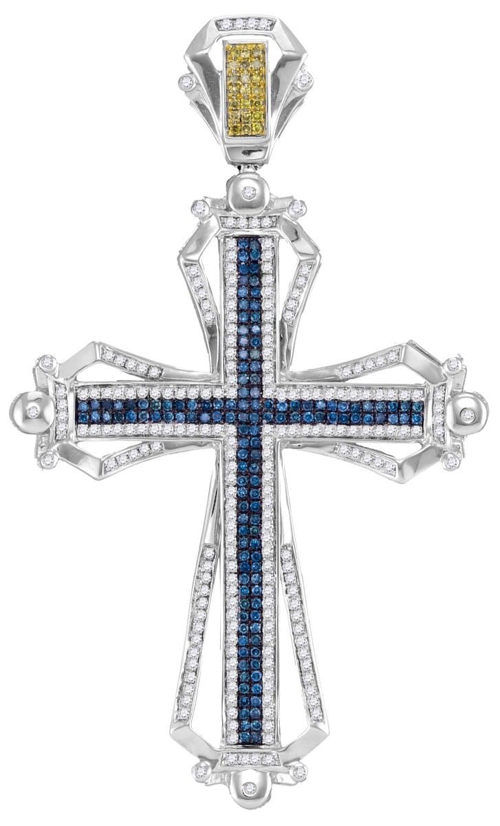 10K White Gold Mens Mediterranean Blue & Canary Yellow Diamond Cross Necklace Pendant 1-1/2 Ctw.
