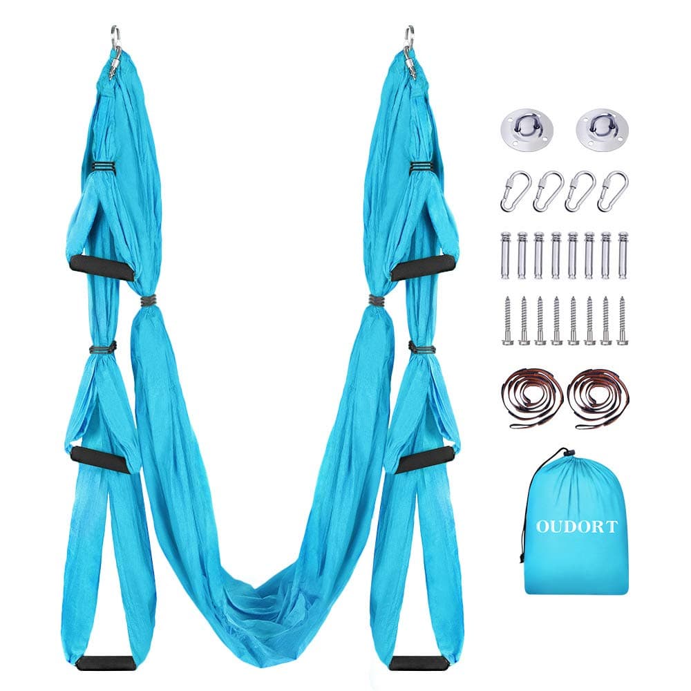 Oudort Aerial Yoga Swing Set, Yoga Hammock Flying Trapeze Yoga Kit Aerial Yoga Hammock Sling Inversion Tool with 2 Extension Straps for Home Gym Fitness, Mounting Accessories Included