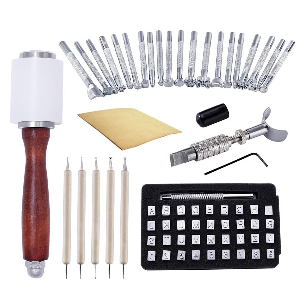 29 Pcs Leather Stamping Tools, Leather Working Tools, 20 Patterns Stamp Tools with Alphabet Leather Stamp Set, Leather Embossing Tools for Leather Working
