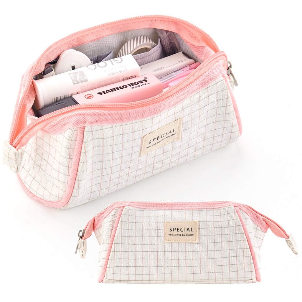 ANGOOBABY Canvas Pencil Case Trapezoid Pencil Pouch Makeup Bag for Teen Boys Girls School Students (Light Pink)