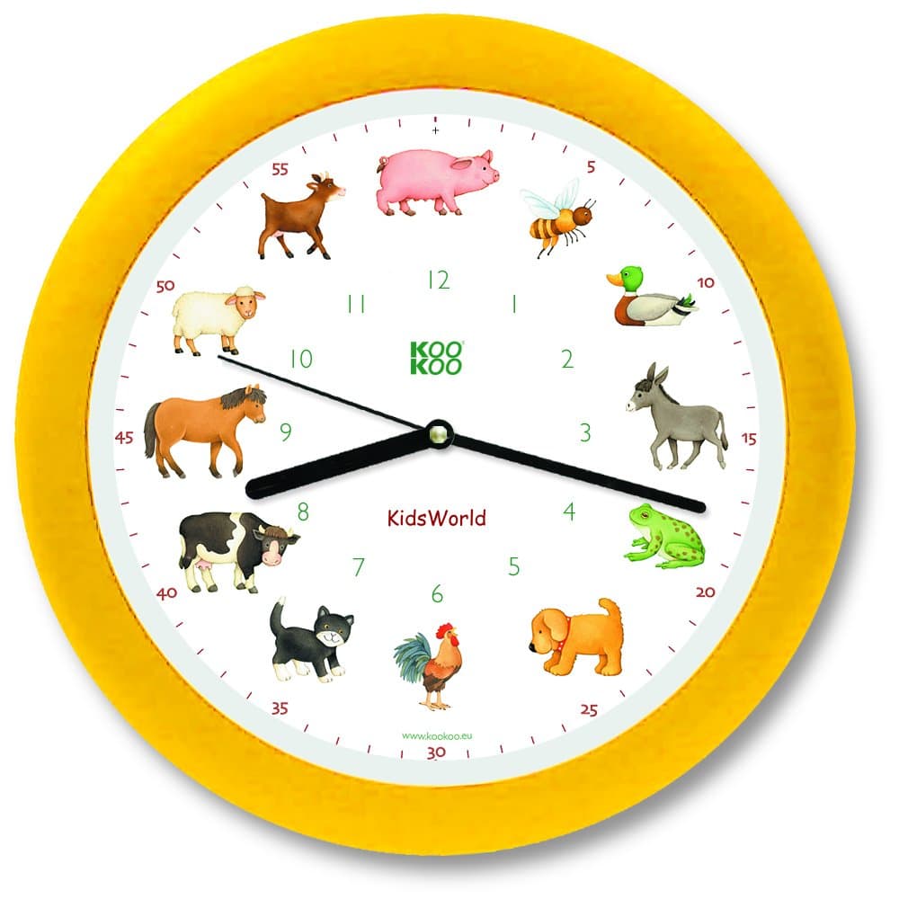 KOOKOOKidsWorld Yellow Farm Clock with 12 Real Animal Voices from the Country