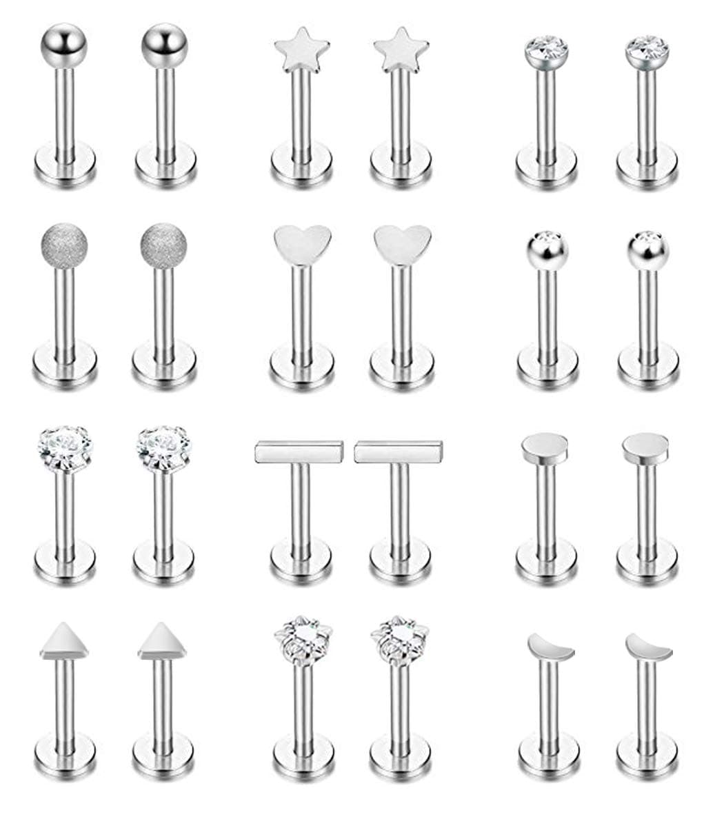 Masedy24Pcs 16G 316L Stainless Steel Labret Monroe Lip Ring Studs CZ Cartilage Helix Tragus Piercing Studs