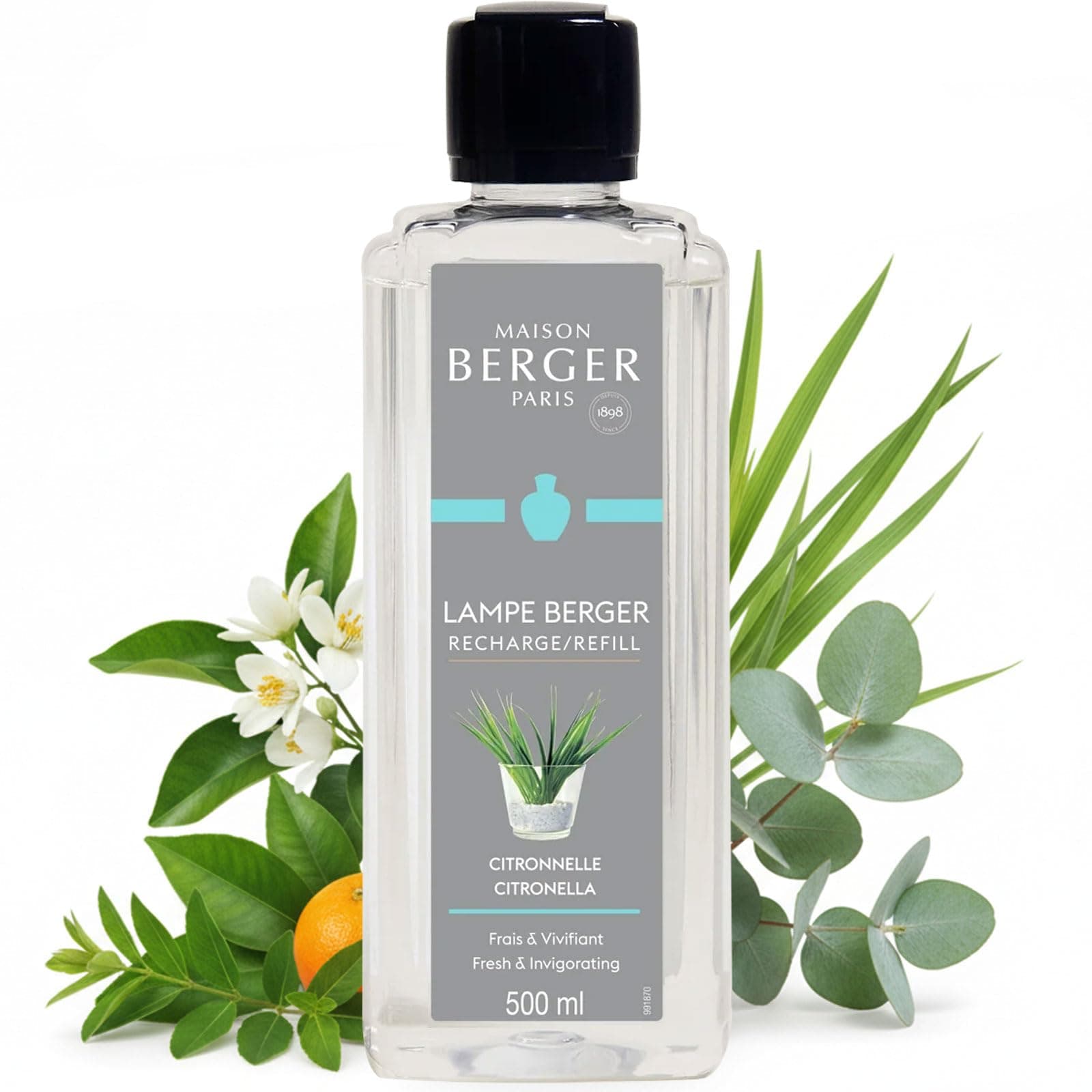 MAISON BERGER Citronella Lampe Berger Refill, 500 ml (16.9 fl oz), 2-in-1 Catalytic System, Neutralizes Odors and Diffuses Fragrance, Citronella, Citrus Notes, Made in France