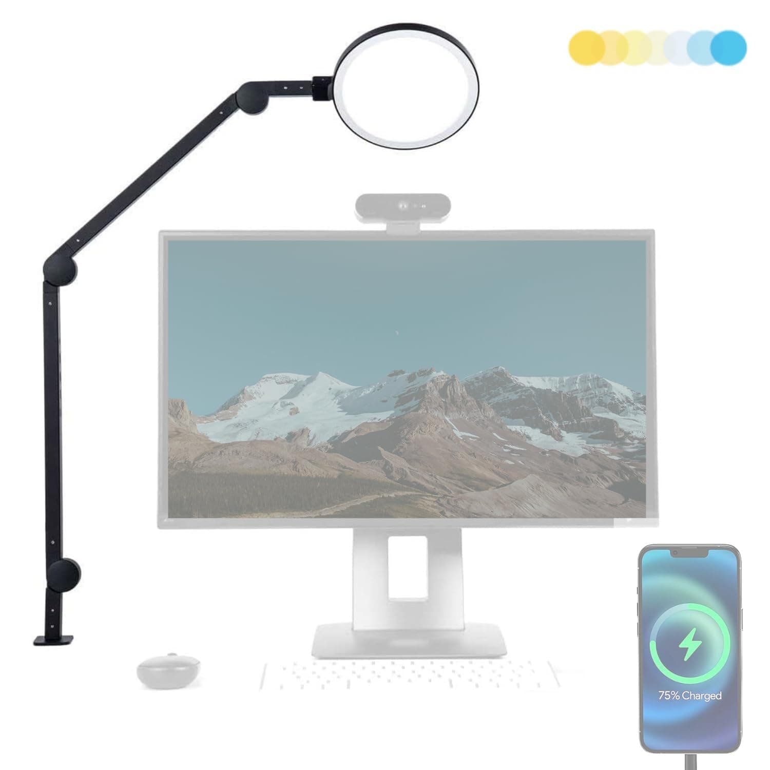 Edge 2.0 LED Desk Lamp | Dimmable Home Office Desk Light with USB Charging Port & Strong Swing Arm | Adjustable Color Temperature and Brightness | Circle Webcam Light - Black