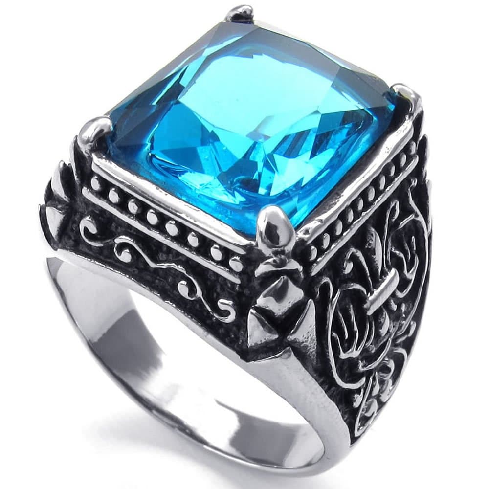 KONOV Mens Crystal Stainless Steel Ring, Classic Gothic, Blue