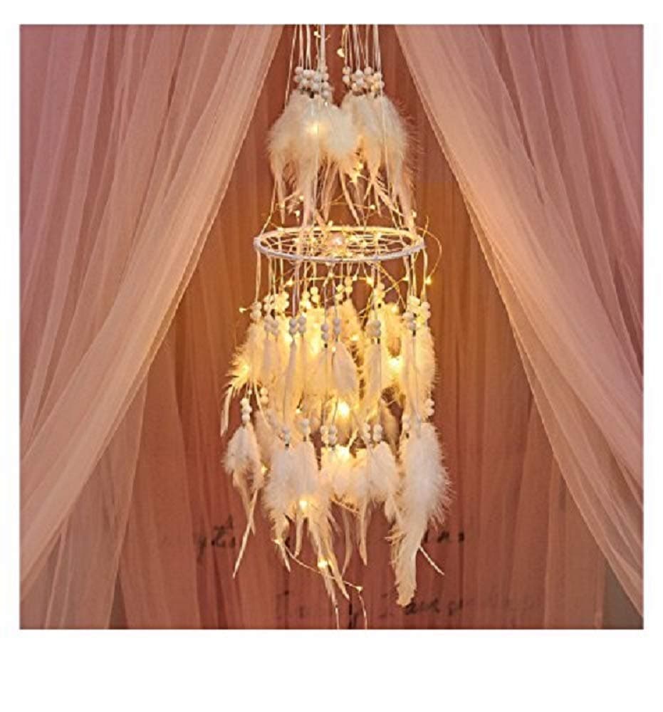 Double Circle White Feather Dream Catcher with Mobile LED Fairy Lights Wall Hanging Ornaments Ceiling Decor for Bedroom Decor Wedding Decorations Boho Chic Party Nursery Decor (White)