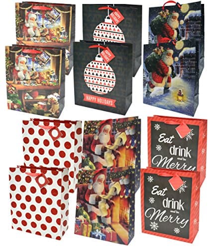 Christmas Gift Bags with Glitter, Large (12 Pack)