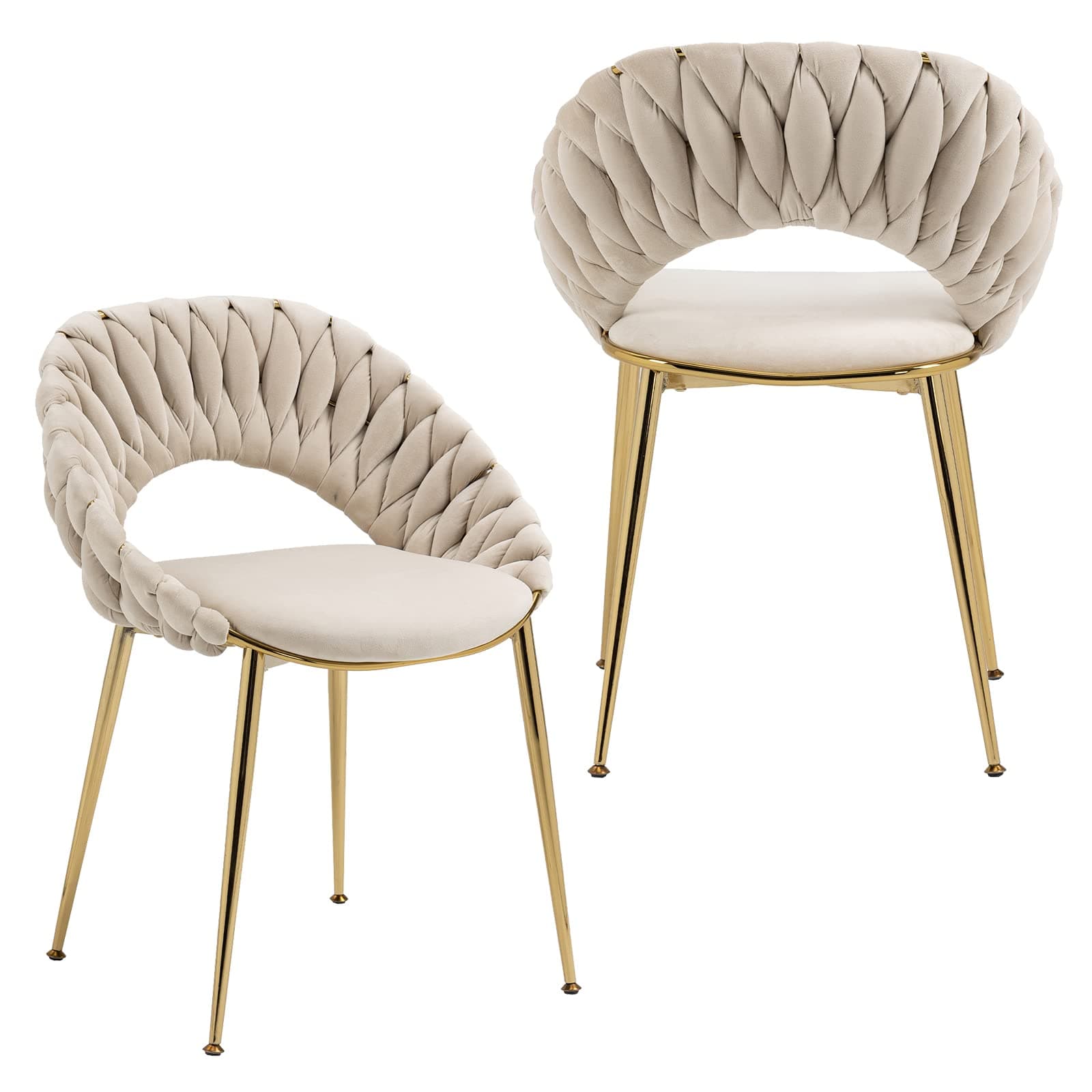 NIOIIKIT Velvet Dining Chairs Set of 2, Upholstered Woven Accent Chair with Gold Metal Legs, Luxury Hollowed Armchair Side Chair for Kitchen Vanity Living Room Bedroom (Ivory)