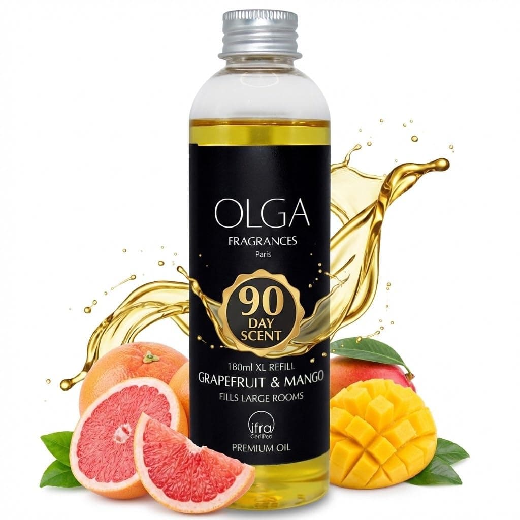 OLGA Grapefruit & Mango Reed Diffuser Refill – 180ml Long-Lasting Strong Fragrance Oil – Luxury Refill for Diffuser Bottles – Sweet, Fresh & Bold Large Room Aroma Up to 90 Days – Reeds Not Included