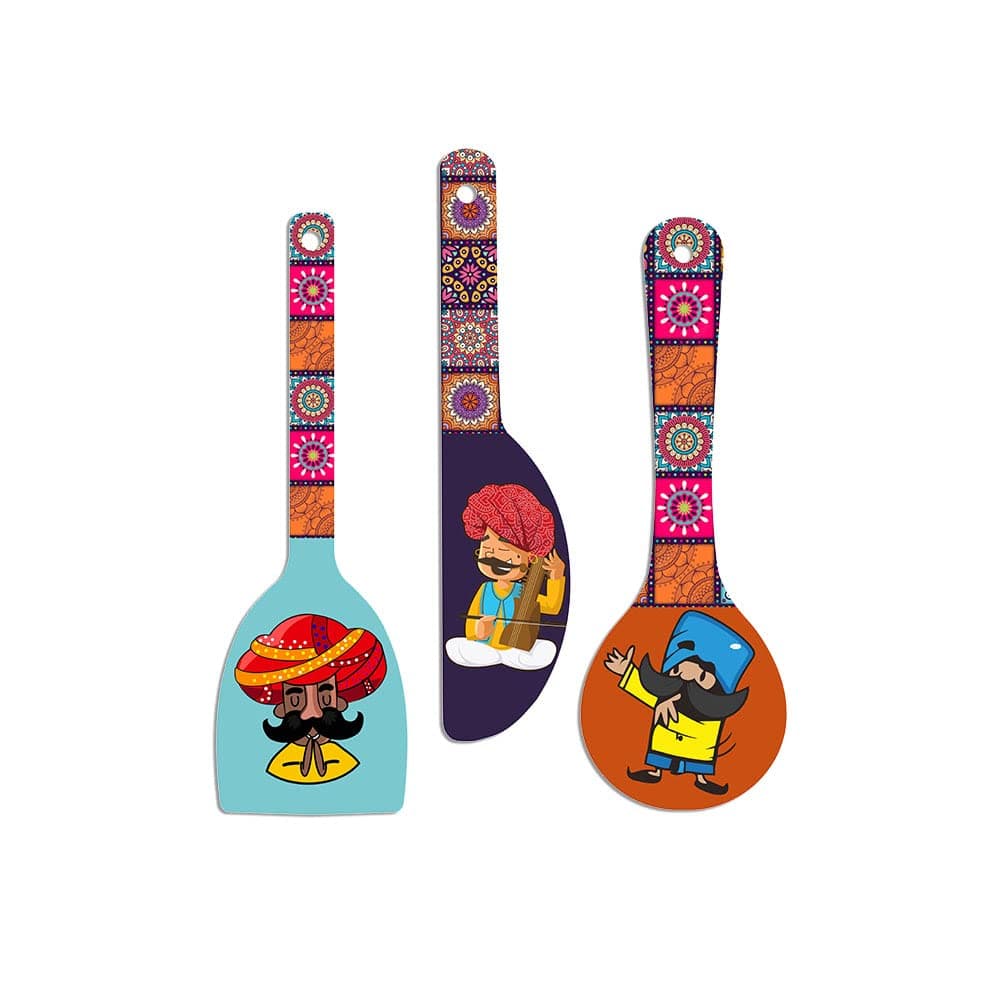 Artvibes Rajasthani Culture Wooden Wall Hanger for Home | Office | Living Room | Gift | Modern Decoration Items | Kitchen Wall Decor | Home Decor Hanging Items (WH_5012N), Set of 3