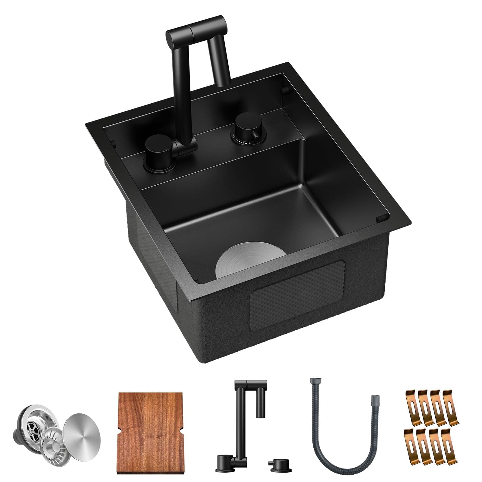 TORVA RV Kitchen Sink, 13 x 15 x 7 Inch Undermount Bar Sink 16 Gauge Stainless Steel Single Bowl Sink with Foldable Faucet Cutting Board, Dark Grey