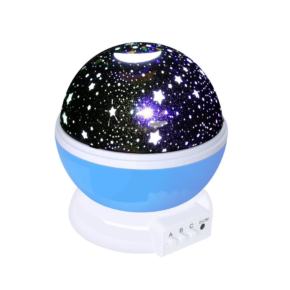 HELLO WORLD LED Projector Lamp 360 Degree Romantic Rotating Cosmos Moon Star LED Night Light 4 LED Beams Starry Lighting with 4 Different Domes for Baby Nursery Bedroom and Christmas Gift (Blue)