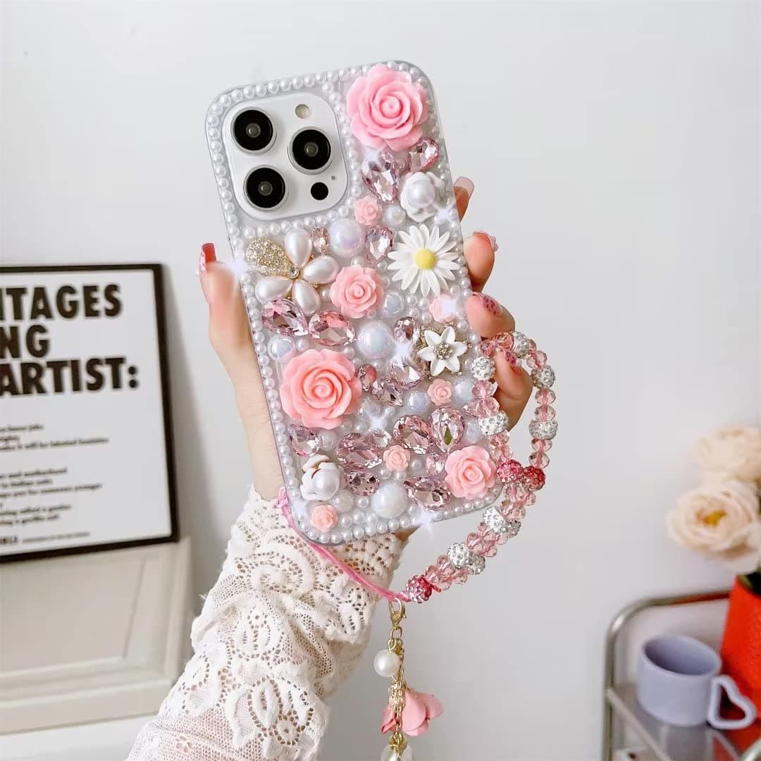 for iPhone 13 Pro Max Bling Case, Luxury Crystal Rhinestone Flowers Glitter Diamond Pearl Clear Bumper Protective Cover with Lanyard for Women Girls Kids 6.7 inch