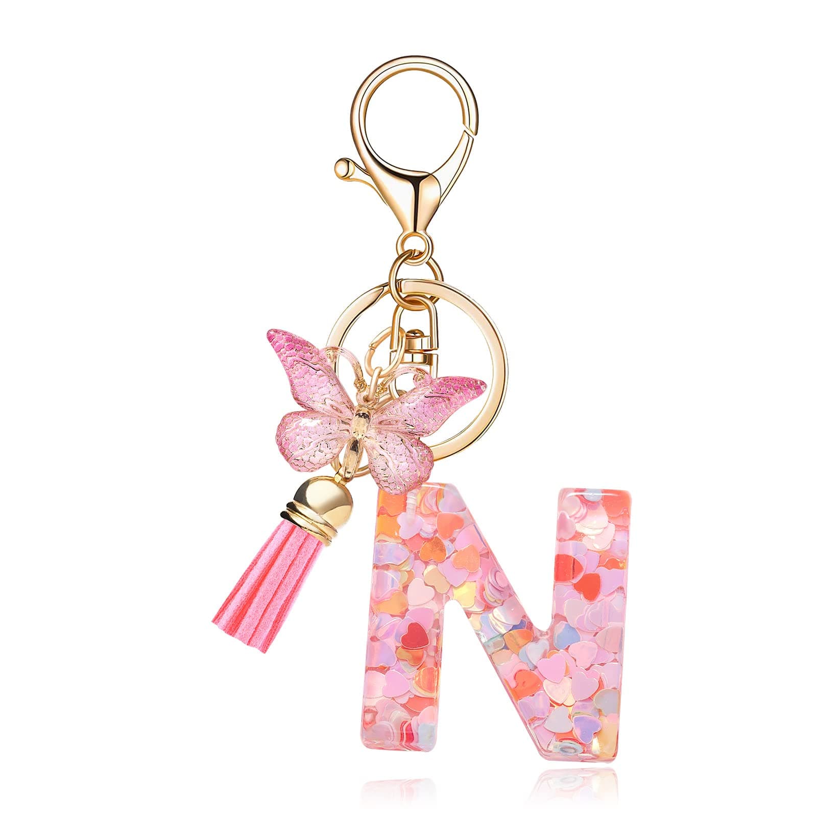 Fashion Alphabet Initial Letter Keychain Tassel Butterfly Pendant Key Ring for Purse Handbags Women Girl
