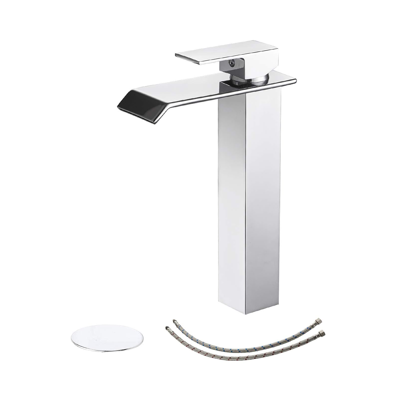 BWE Bathroom Faucet with Drain Assembly and Supply Hose Lavatory Waterfall Vessel Sink Faucet Single Handle Mixer Tap Deck Mounted Chrome