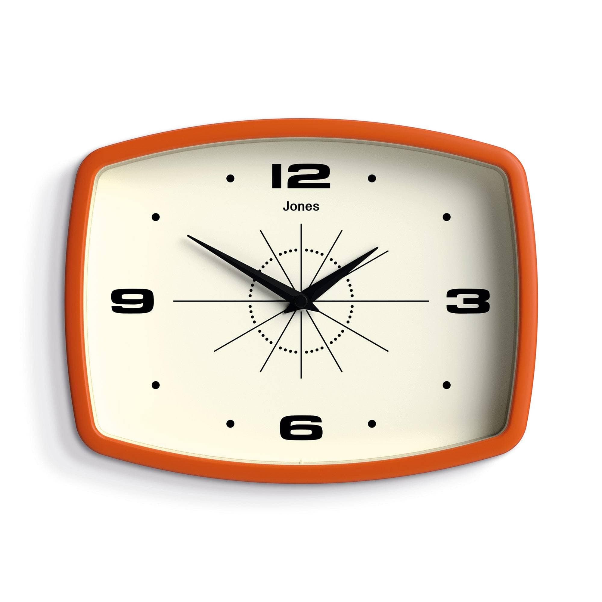 JONES CLOCKS® Movie wall clock | Rectangular retro clock | 25cm | Orange | Cool mid-century designer look for kitchen, living room or office