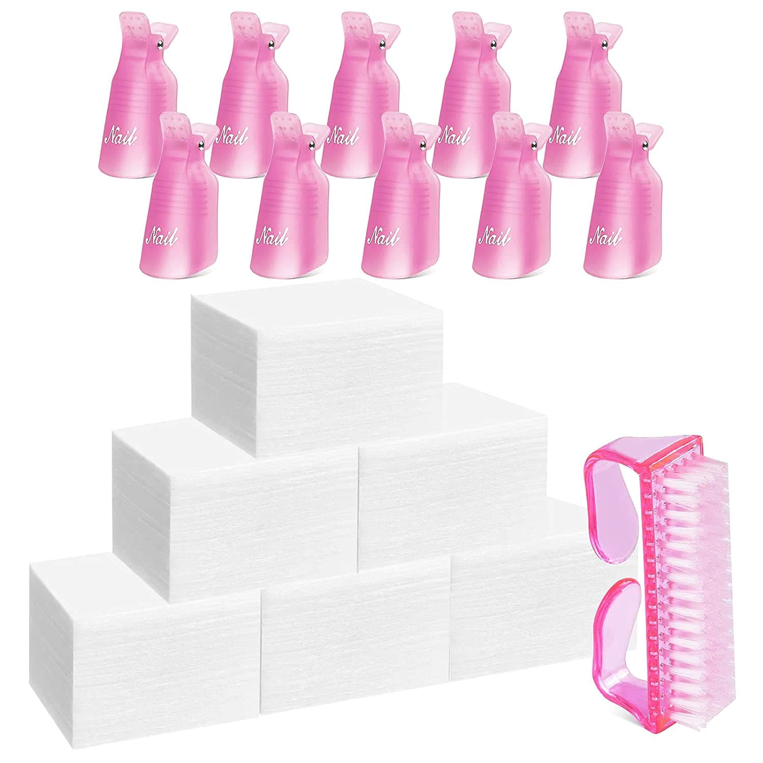 Gel Nail Polish Remover Clip Set, TsMADDTs Pink Finger Nail Clips for Polish Removal UV Gel Acrylic, Soak Off Caps with 600Pcs Cotton Lint-free Wipes, Brush
