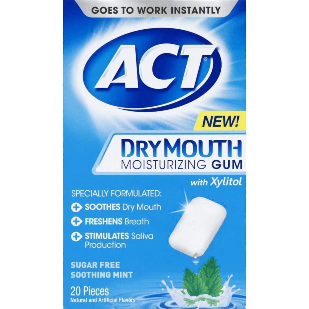 ACT Dry Mouth Moisturizing Gum, Soothing Mint, Sugar Free, 20 Count (3 Pack)
