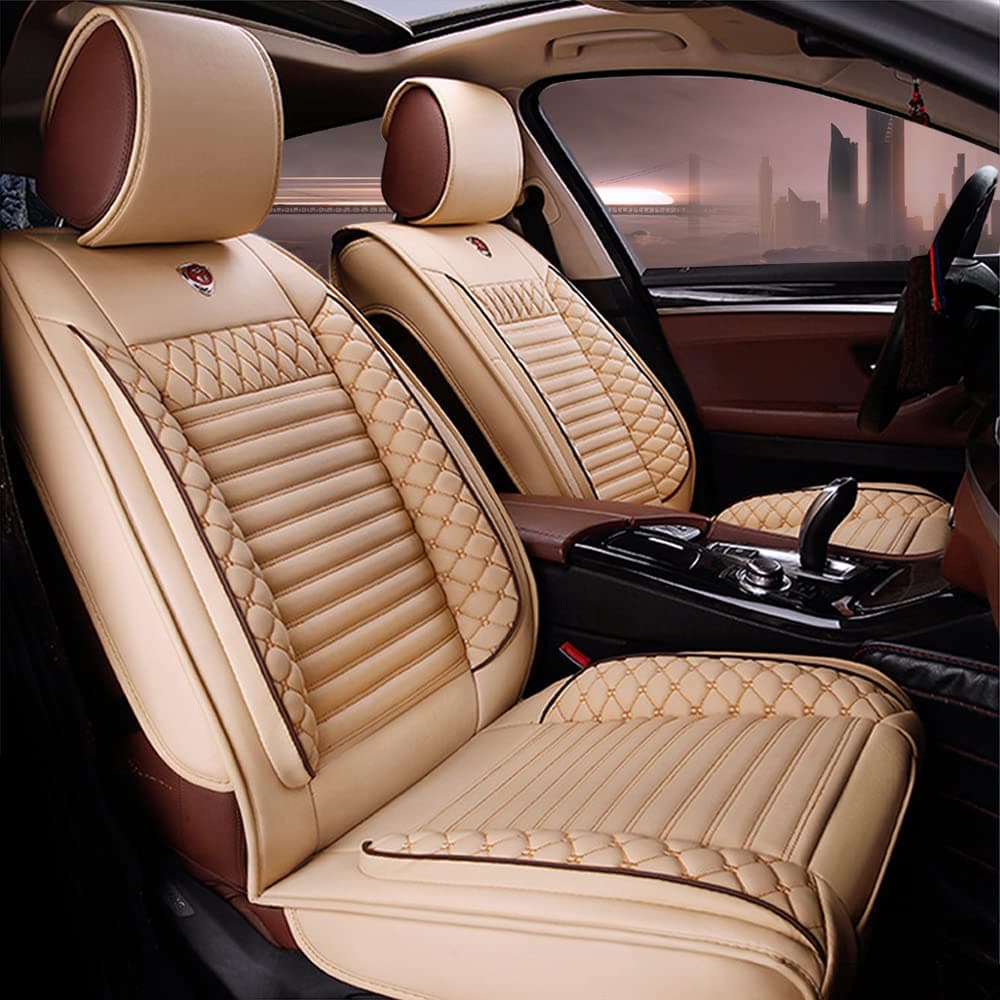 Car Seat Cover for Skoda Superb Fabia Octavia Rapid Yeti Combi Karop Kodiaq 5-Seat Car Seat Cushion Cover Full Set Needlework PU Leather Seat Pad Protector (Cream)