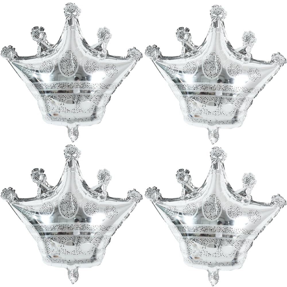 TONIFUL 4 Pcs Crown Balloons 24 Inch Silver Crown Shaped Foil Mylar Balloons for Anniversary,Baby Shower,Wedding,Girls Birthday Decorations,Princess Themed Party Supplies