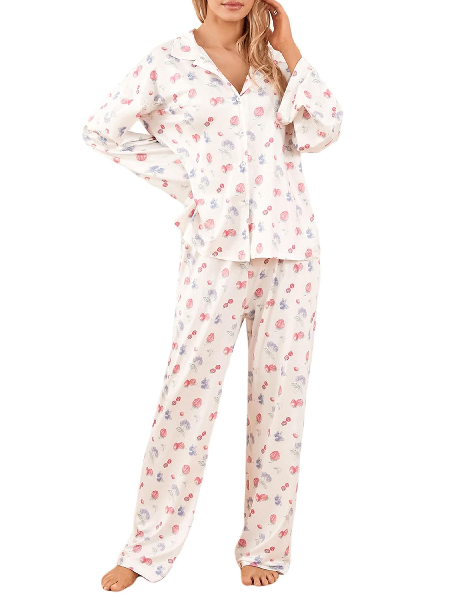 FHNUVBWomen 2 Piece Floral Pajama Set Button Down Long Sleeve Wide Leg Fruit Set Cute Pjs Y2K Loungewear Sleepwear S-XL