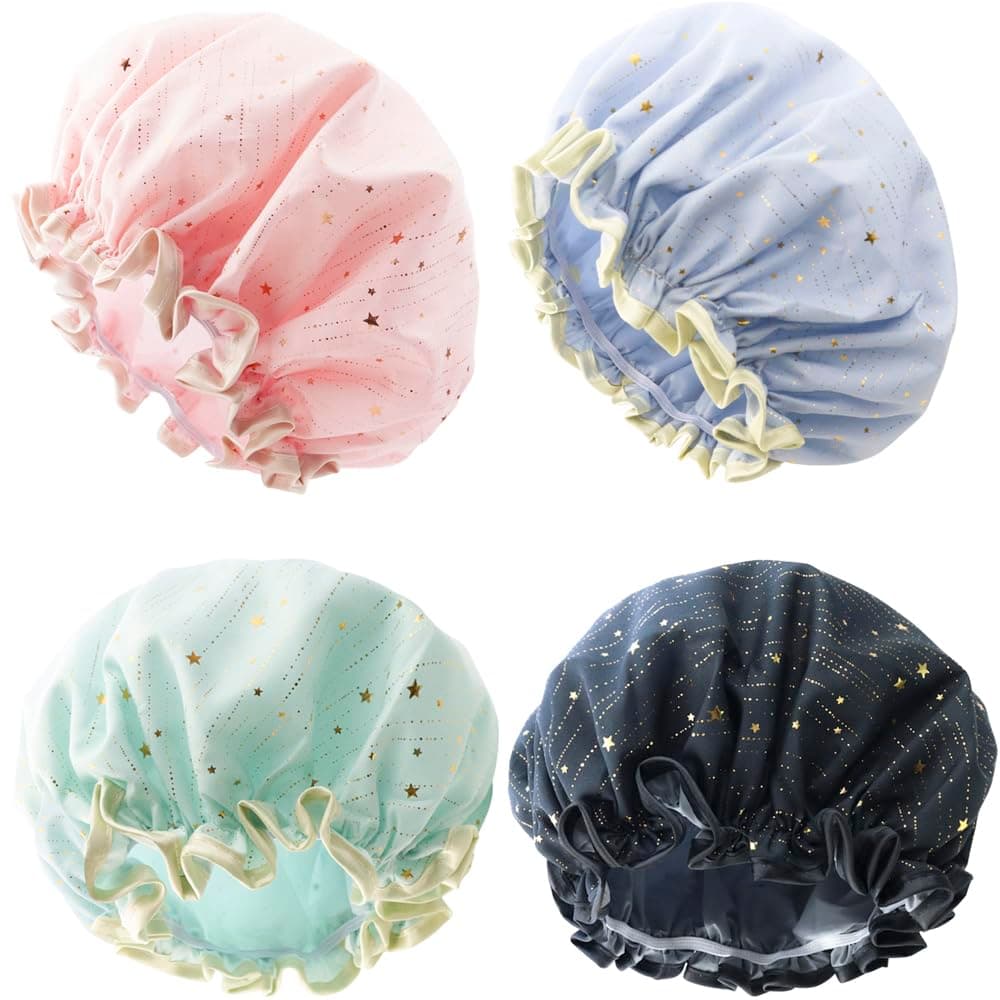 TCOTBE4 Pieces Shower Caps for Women, Double layer shower cap, Elastic Reusable Bathing Hair Cap Environmental Protection Hair Bath Caps,PEVA Adult Bathing Cap Bath Hair Cover