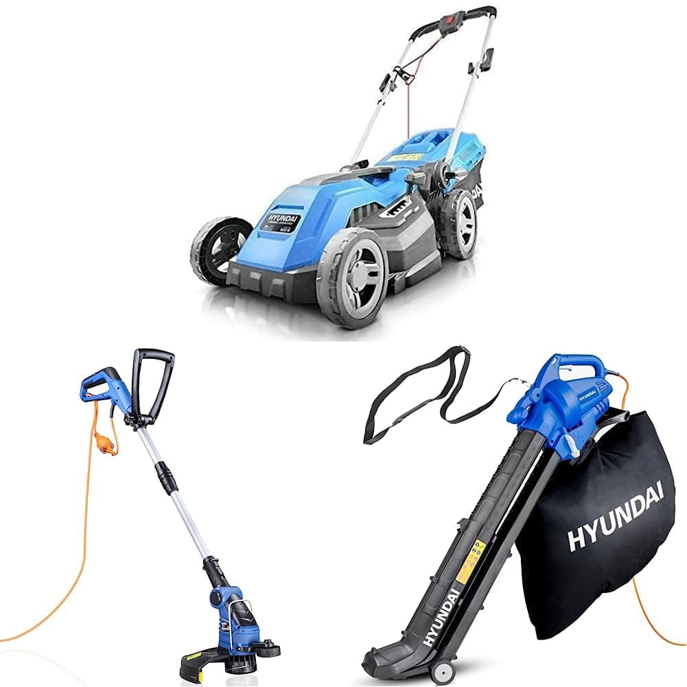 Hyundai HYM3800E 1600W 230V Corded Electric Rotary Lawnmower & Hyundai Grass Trimmer, 600W, 29CM / 290mm / 11.4” Cutting & Hyundai Leaf Blower, Garden Vacuum & Mulcher with Large 45 L