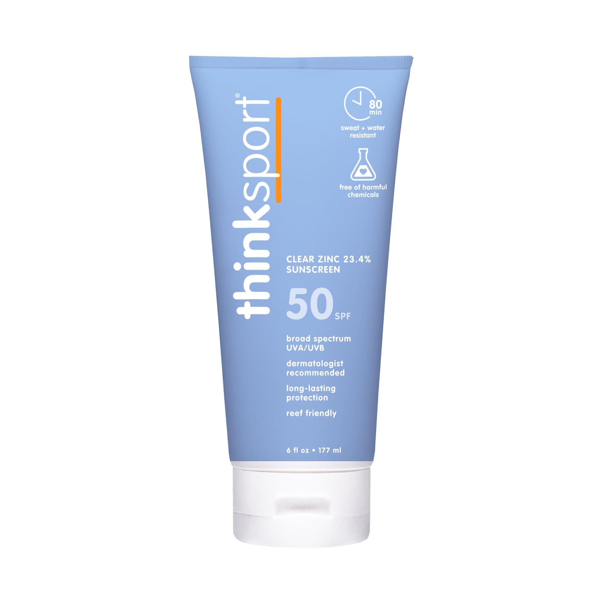 THINK Sporty Mineral Sunshade, Clear Zinc Oxide Sunshade, SPF 50, 180ml, Waterproof Sunscreen, Safe Reefs Protection
