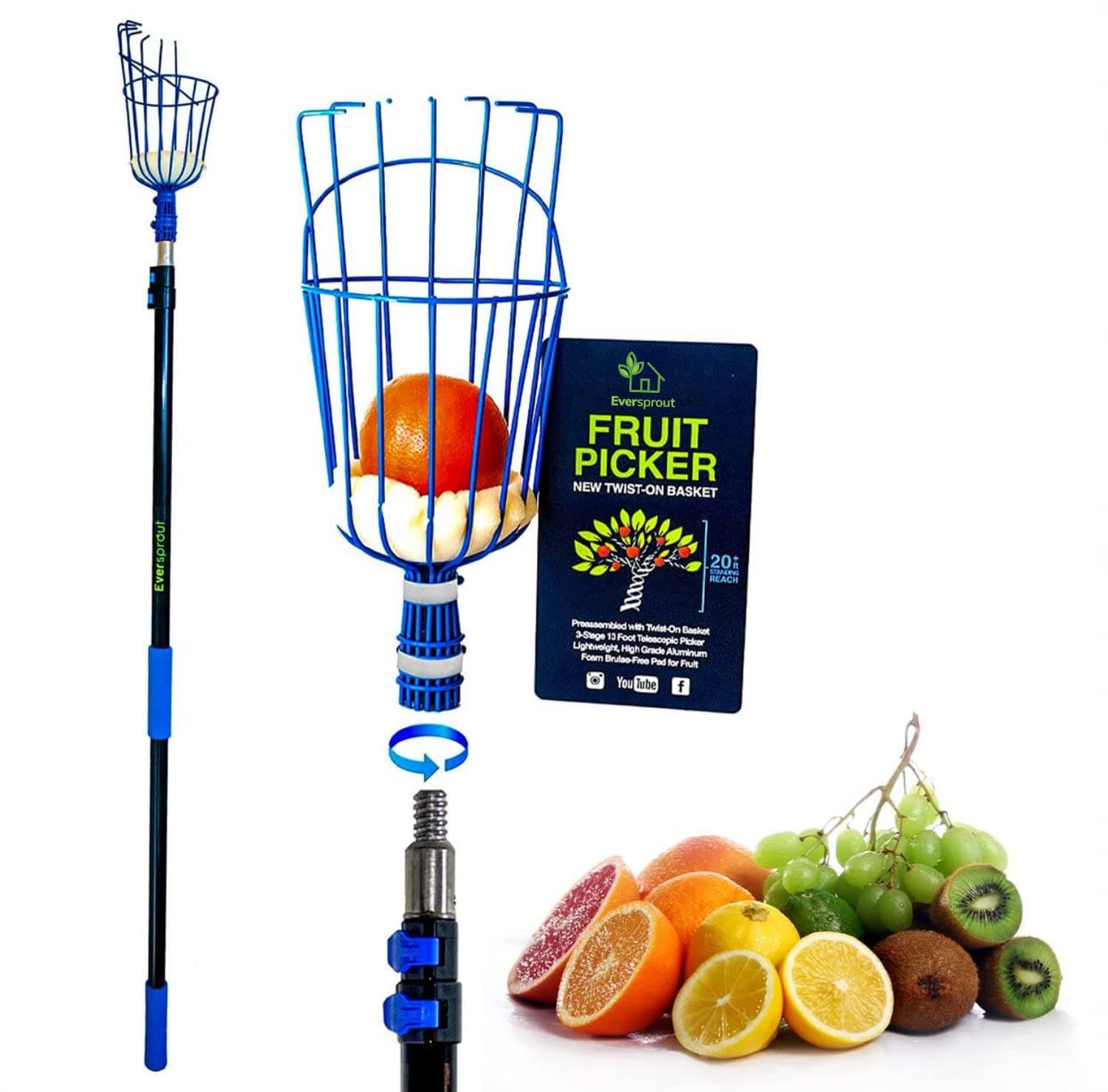 EVERSPROUT 13-Foot Fruit Picker (20+ Foot Reach) | Preassembled, Easy to Attach Twist-On Basket | Lightweight, High-Grade Aluminum Extension Pole | +Bonus Fruit Carrying Bag