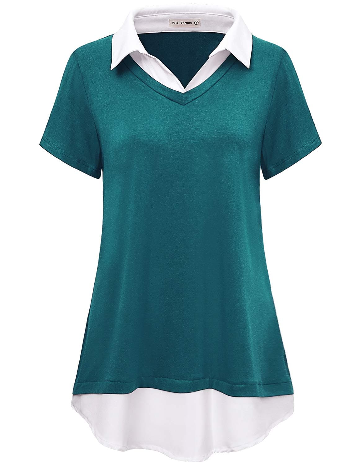 MISS FORTUNE Contrast Collar Shirt Women, Ladies Tops Tunics Lapel Neck Chic Shirts Knit Summer Tunic Slimming Business Casual Blouses Flowing Layered Tops Cyan M