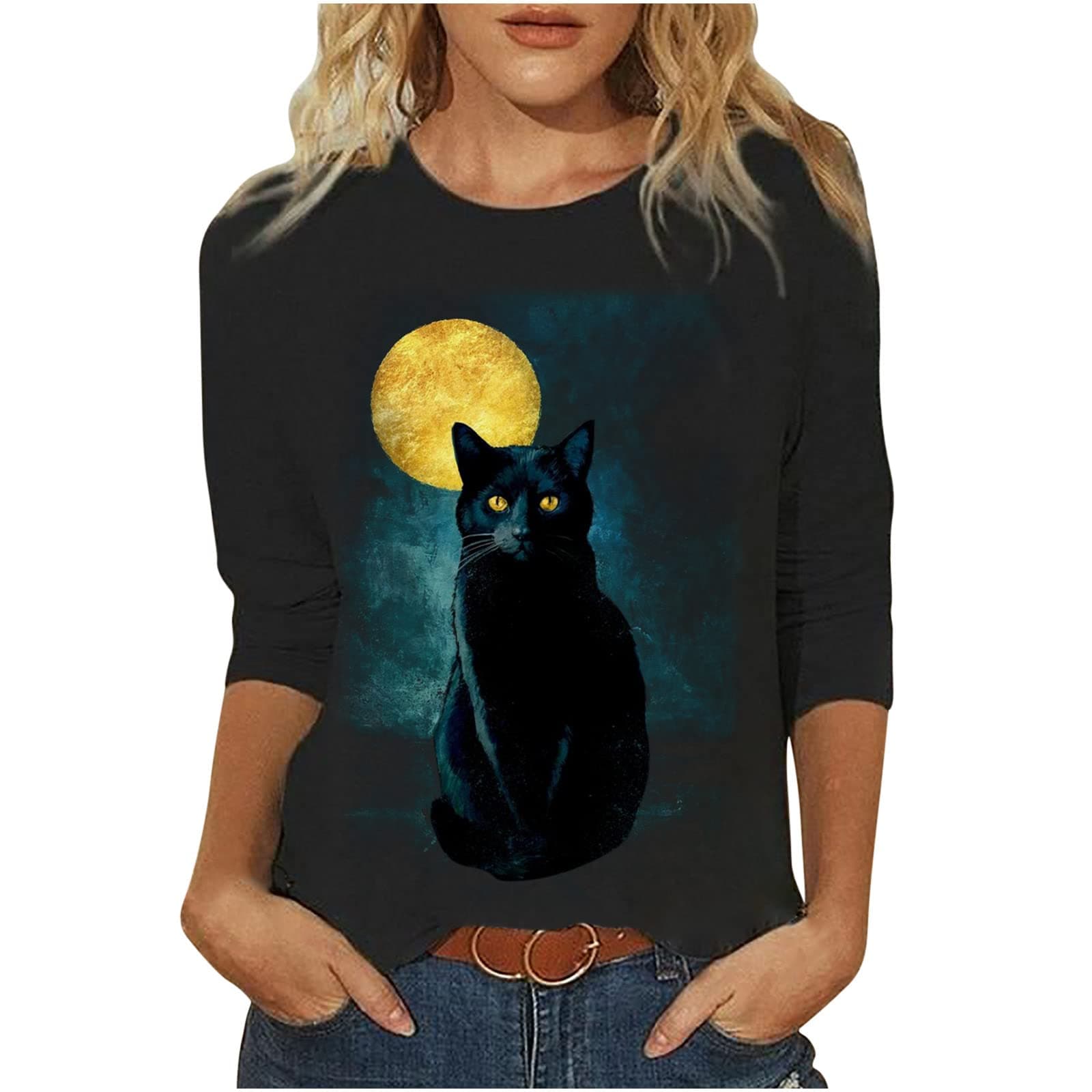 UK Sale Women Classic Loose Solid Cat Printed Long Sleeve Crewneck Blouse Tops Ladies Casual Tops T Shirt Short/Long Sleeve Pleated Longine Shirts Holiday Halloween Christmas Tees