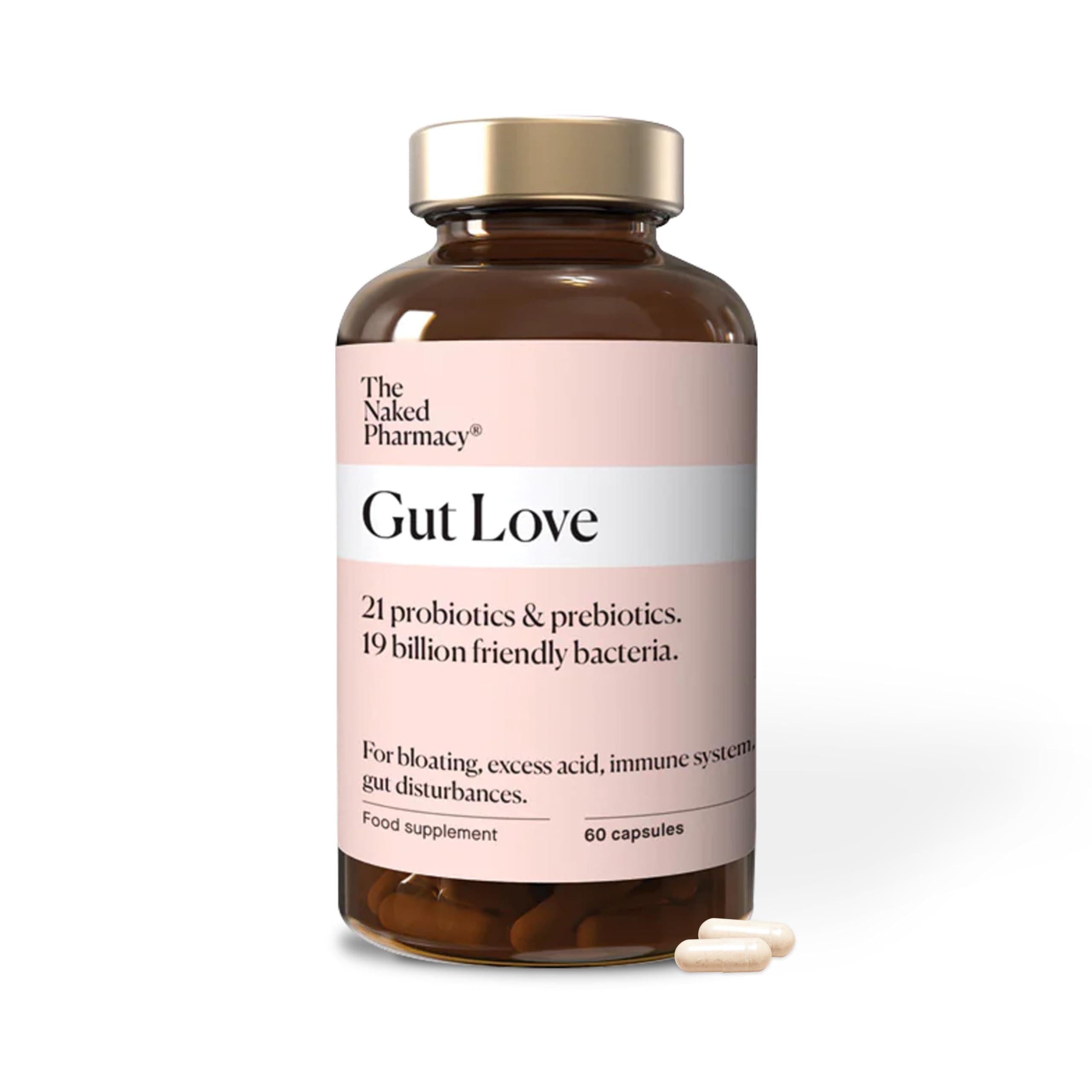 The Naked Pharmacy | Gut Love | Natural Probiotic & Prebiotic for Gut Health | High Strength | Digestive Supplements | Vegan | 60 Capsules