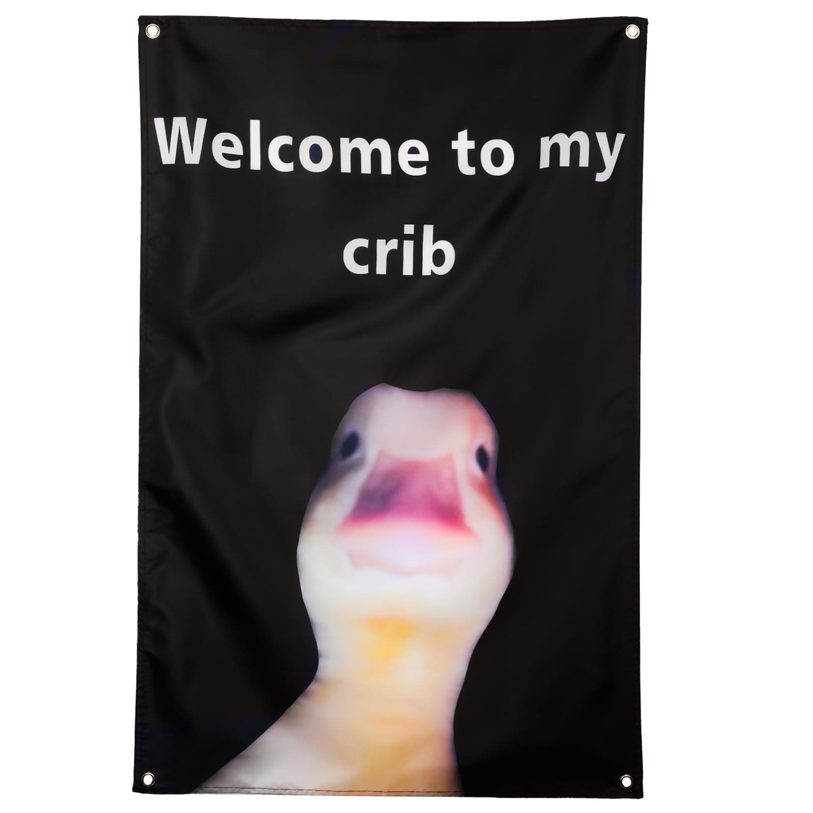 WY LIGHTING LEVEL Funny Duck Tapestry Hanging Flags Polyester Black 35.4x23 Inch Welcome to My Crib Duck Face Backdrop Cute Cave Wall Flags with Grommets for Home, Dorm, Party, Wedding, Birthday