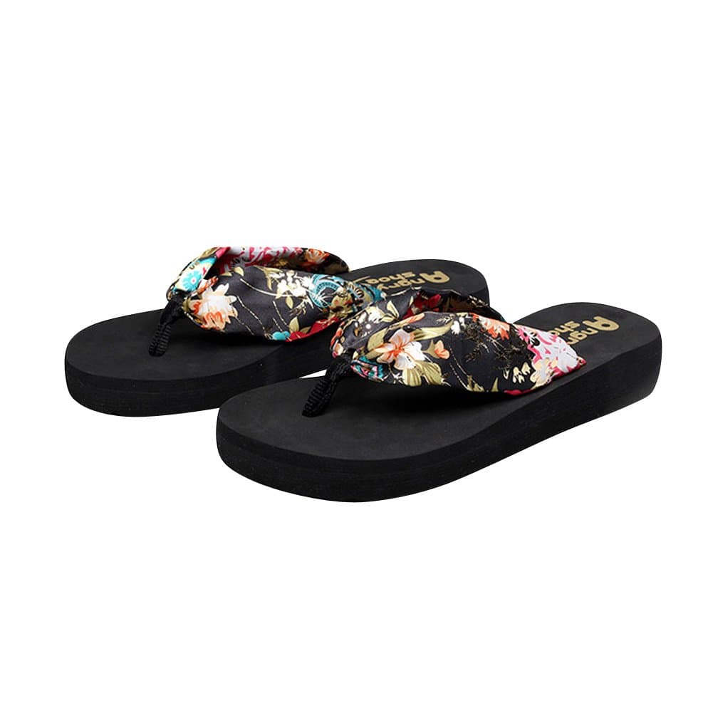 DeSen Women's Floral Summer Satin Wedge Flip Flops Runs Small, Order Size UP