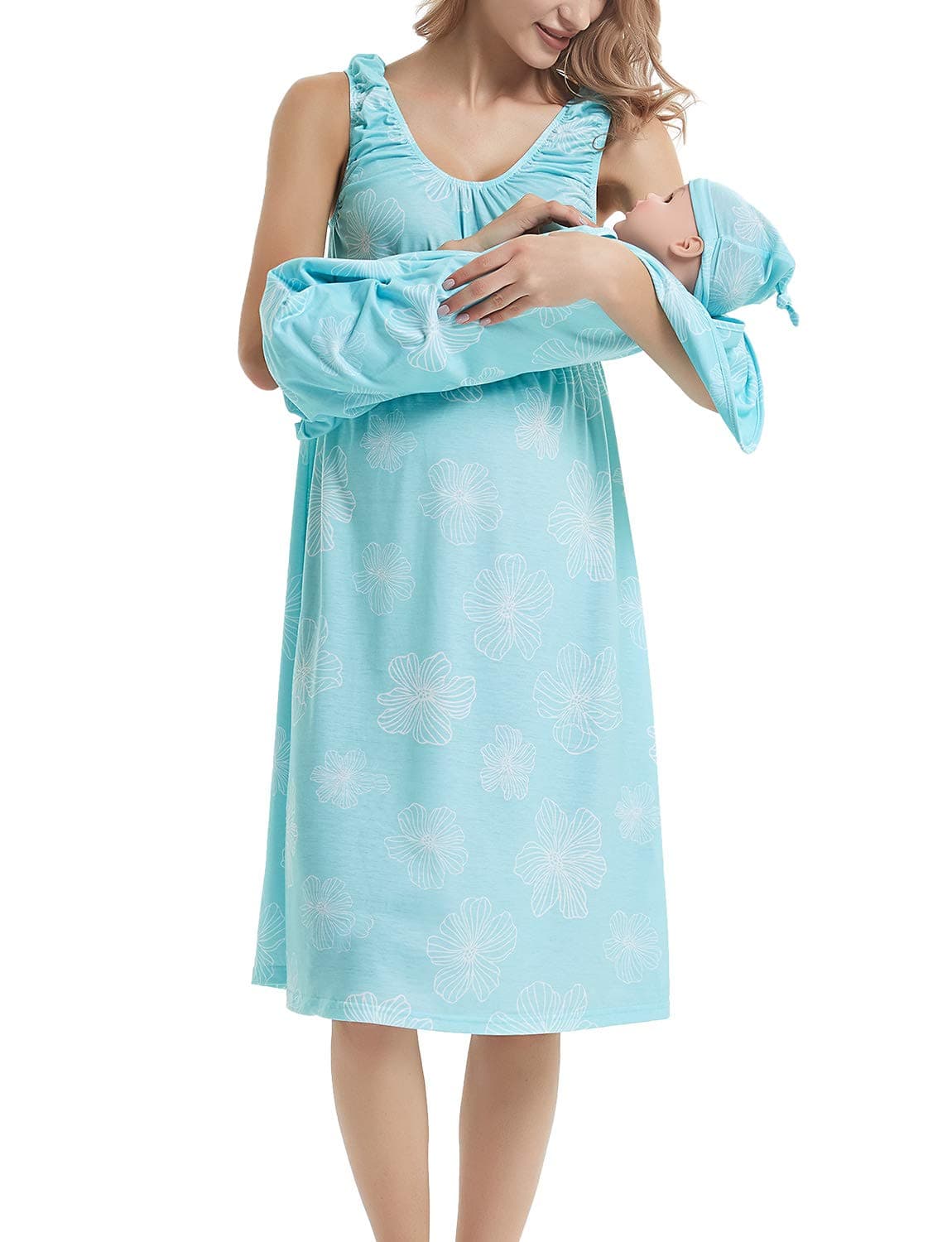 GINKANA Maternity/Nursing Delivery Nightgown with Matching Baby Swaddle Blankets and Hat Set - Hospital Bag Must Have